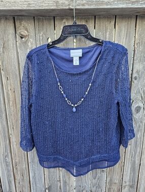 Alfred Dunner Open-Knit Layered Top with Beaded Necklace Women's Size M